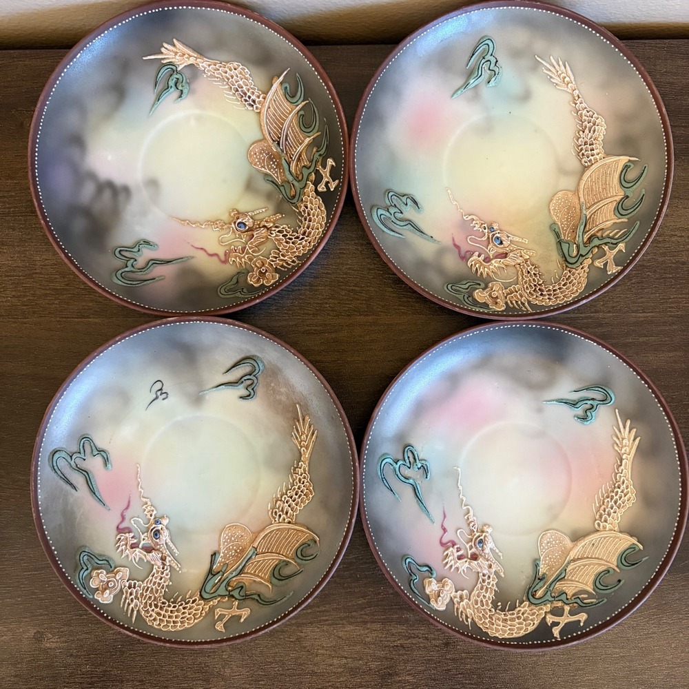 Vintage Japanese Moriage Dragonware Saucers Set‎ of 4 Hand Painted Japan Grey